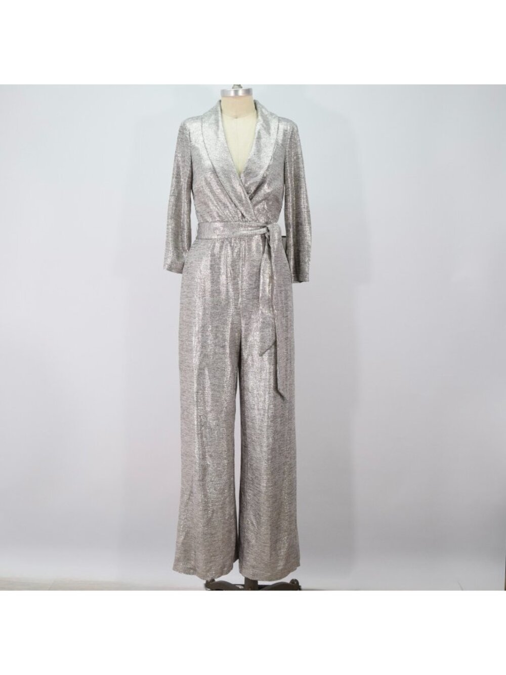 NWT Adrianna Papell Metallic Silver Wide Leg Formal Jumpsuit